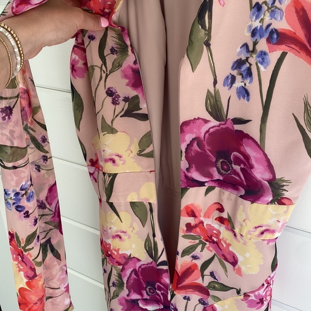 Eliza J | Halter Neck Floral Print Chiffon Sleeveless Side Slit Cascade Ruffle - Picture 7 of 11